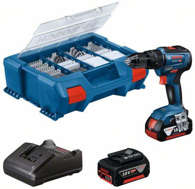 bosch - trapano avvitatore a percussione gsb 18v-55 + 2 batt. 4.0ah  pick & click con 82 accessori