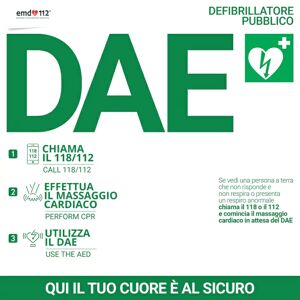 Cartello per defibrillatore con algoritmo di intervento &#8211; 38&#215;38 cm &#8211; Forex &#8211; Bianco con scritte verdi