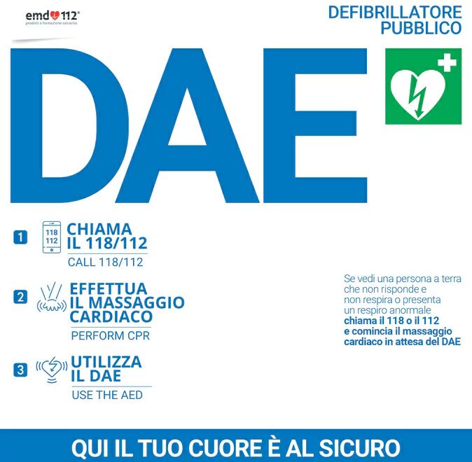 Cartello per defibrillatore con algoritmo di intervento &amp;#8211; 38&amp;#215;38 cm &amp;#8211; Forex &amp;#8211; Bianco con scritte blu