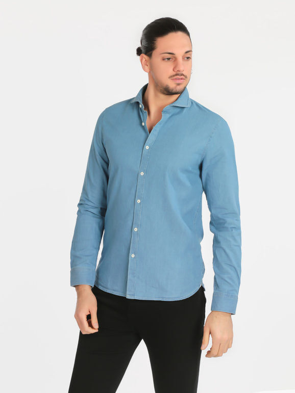 Warren Webber Camicia da uomo slim fit in cotone effetto jeans Camicie Classiche uomo Jeans taglia M