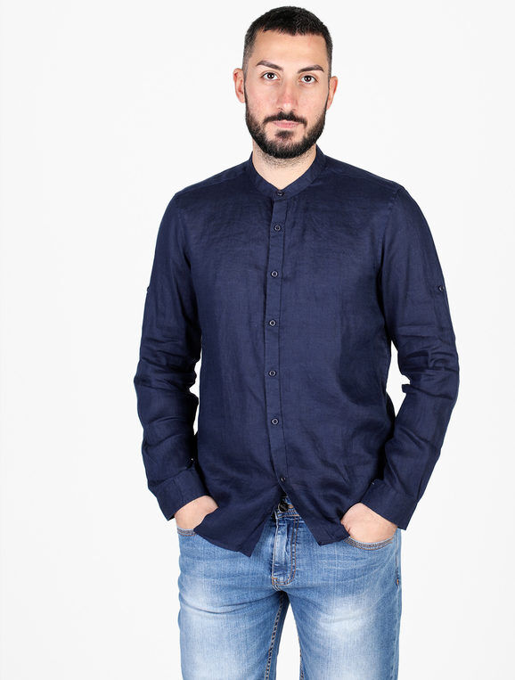 S.O.S Store Of Shirt Camicia in lino da uomo a maniche lunghe Camicie Classiche uomo Blu taglia 3XL