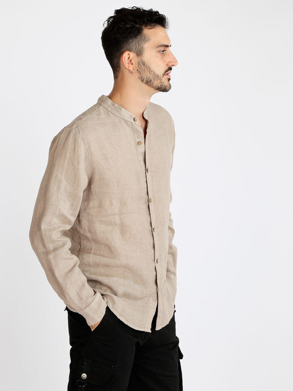 Made In Italy Camicia in lino da uomo alla coreana Camicie uomo Beige taglia 3XL