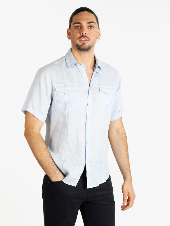 Guy Camicia in puro lino da uomo a maniche corte Camicie uomo Blu taglia 3XL