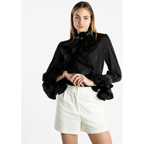 azaka camicia elegante da donna effetto raso con perle e strass camicie classiche donna nero taglia unica