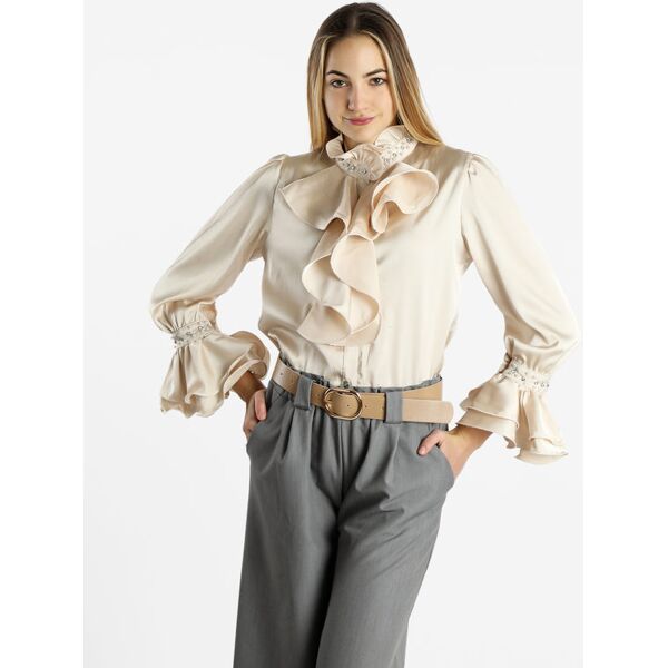 azaka camicia elegante da donna effetto raso con perle e strass camicie classiche donna beige taglia unica