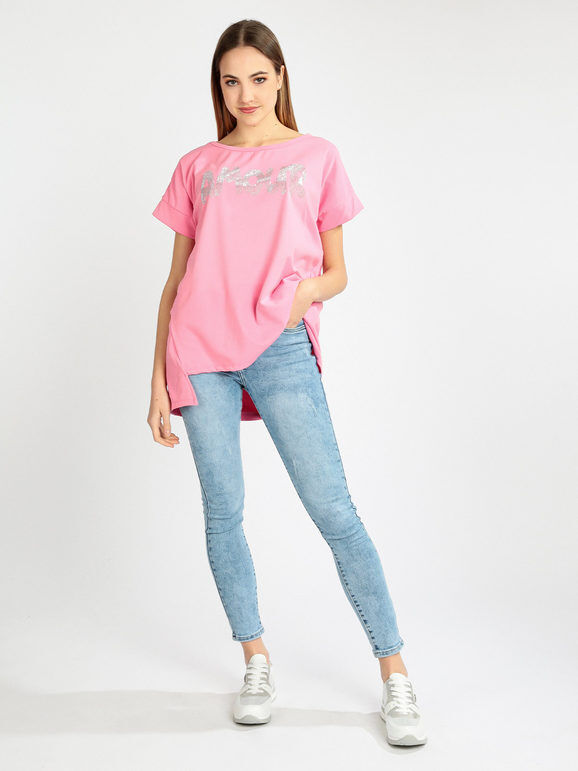 my style maxi t-shirt con scritta strass donna t-shirt manica corta donna rosa taglia unica