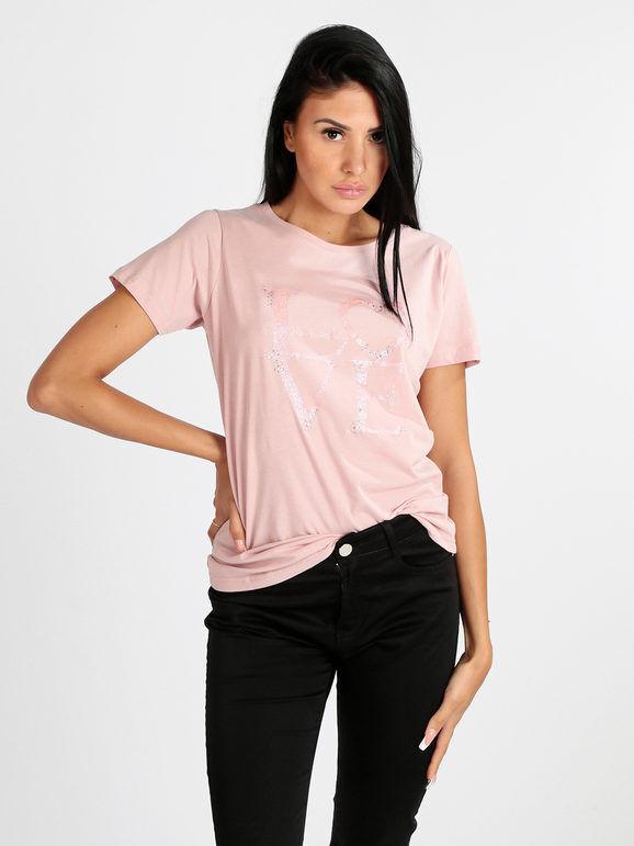 renato balestra t-shirt donna in cotone con scritta e borchie t-shirt manica corta donna rosa taglia l