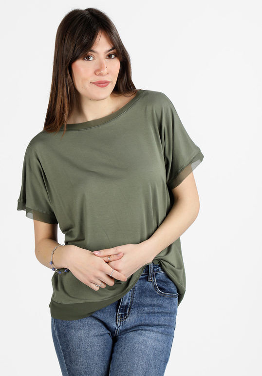 My Style Blusa donna a maniche corte con profili in voilè Bluse donna Verde taglia Unica