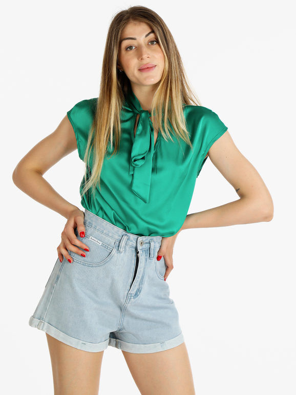 Sweet Blusa donna manica corta in raso con cravatta Bluse donna Verde taglia M