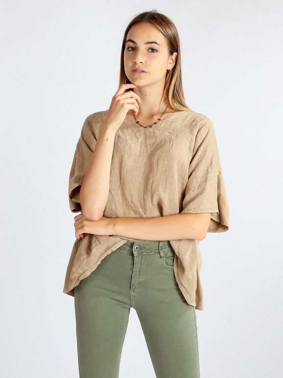 Gioya Blusa in lino e cotone da donna oversize Bluse donna Beige taglia Unica