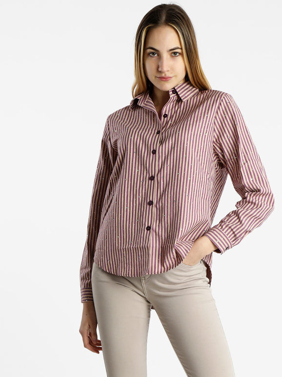 Monte Cervino Camicia da donna a righe con strass applicati Camicie Classiche donna Viola taglia L/XL