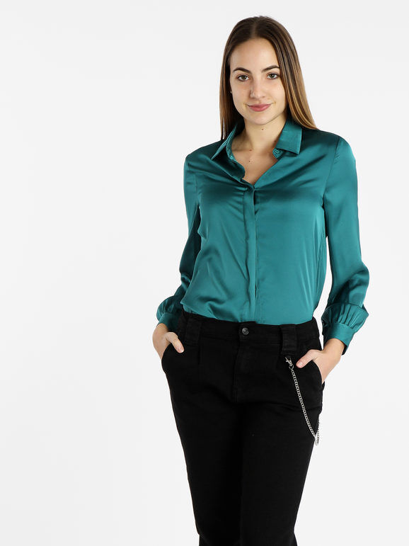 Sweet Camicia da donna effetto raso tinta unita Camicie Classiche donna Verde taglia XL
