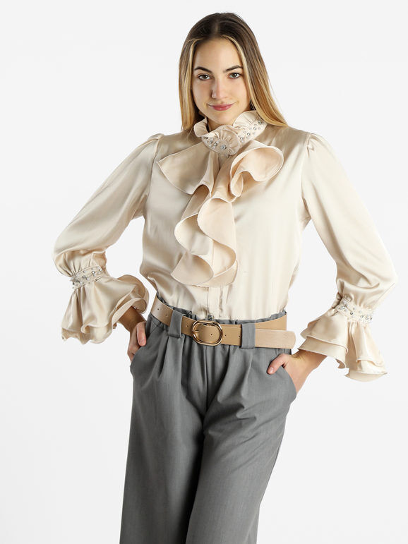 Azaka Camicia elegante da donna effetto raso con perle e strass Camicie Classiche donna Beige taglia Unica