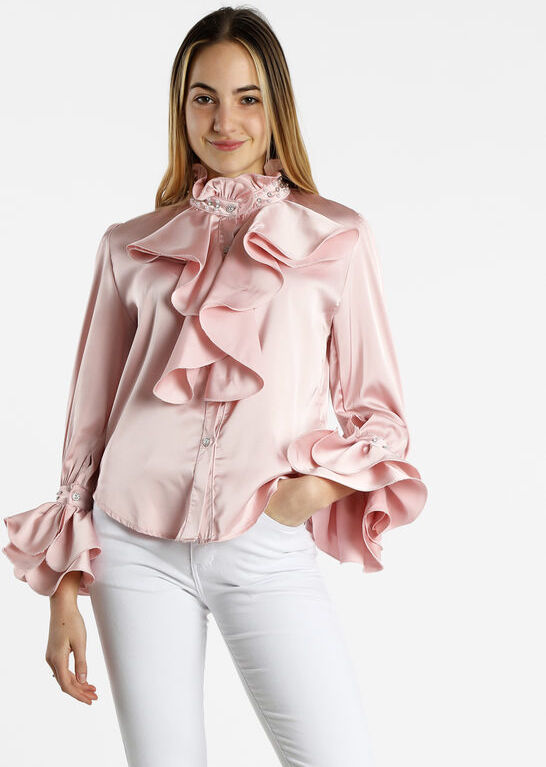 Azaka Camicia elegante da donna effetto raso con perle e strass Camicie Classiche donna Rosa taglia Unica