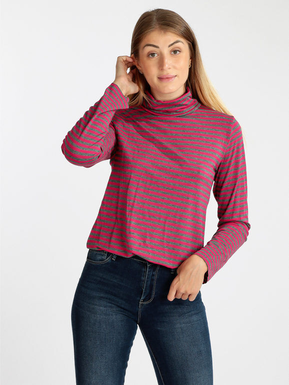 Solada Dolcevita donna a righe T-Shirt Manica Lunga donna Fucsia taglia Unica