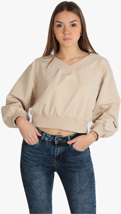 Ladp Felpa donna cropped con scollo a V Felpe Leggere donna Beige taglia L