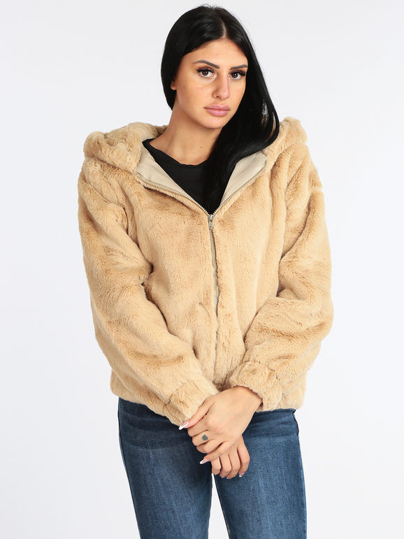 Airisa Giacca in ecopelliccia con cappuccio Cappotto Classico donna Beige taglia L