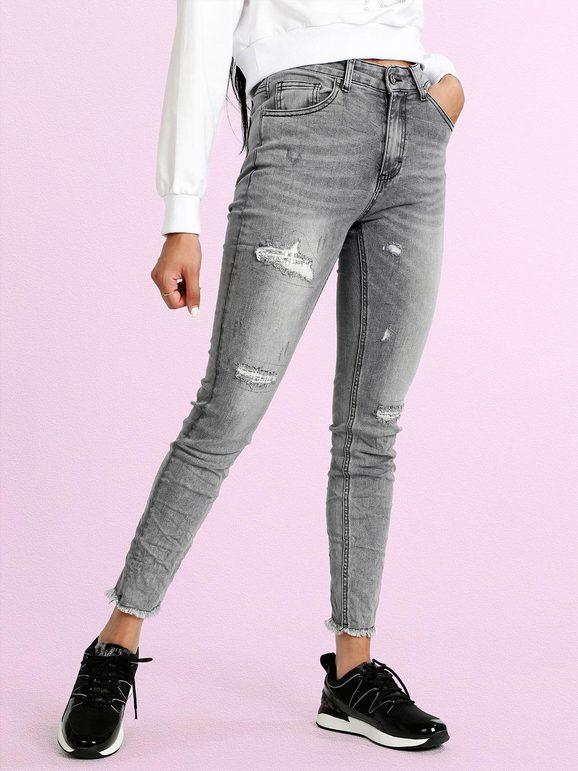 Smagli Jeans donna sfrangiati con strappi e paillettes Jeans Slim fit donna Grigio taglia 42