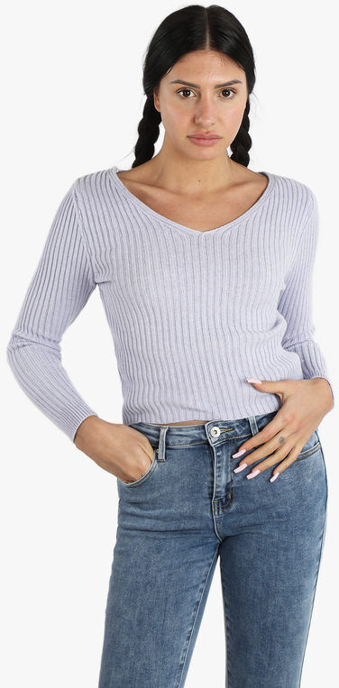 Solada Maglia corta da donna a coste scollo V Pullover donna Viola taglia Unica