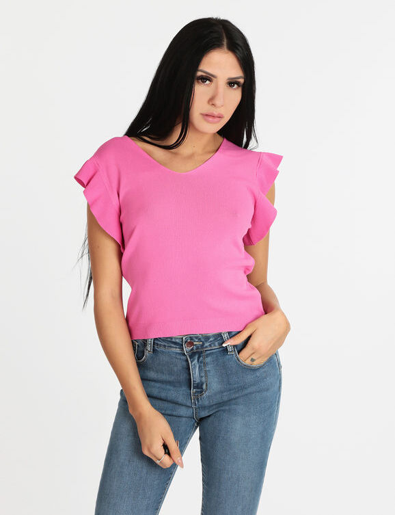 Solada Maglia donna scollo a V con balza T-Shirt Manica Corta donna Fucsia taglia Unica