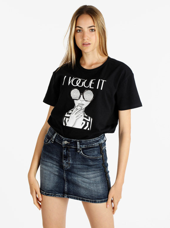Vogue Maxi t-shirt in cotone da donna con paillettes T-Shirt Manica Corta donna Nero taglia Unica