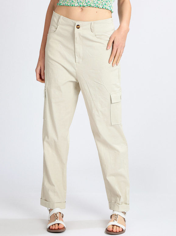 Sweet Pantaloni in lino da donna con tasconi Pantaloni Casual donna Beige taglia S/M