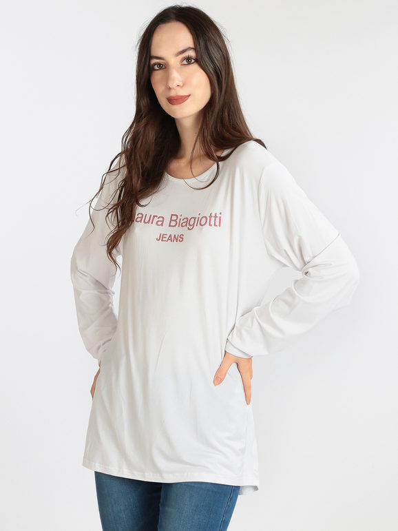 Laura Biagiotti T-shirt da donna lunga con strass T-Shirt Manica Lunga donna Bianco taglia M