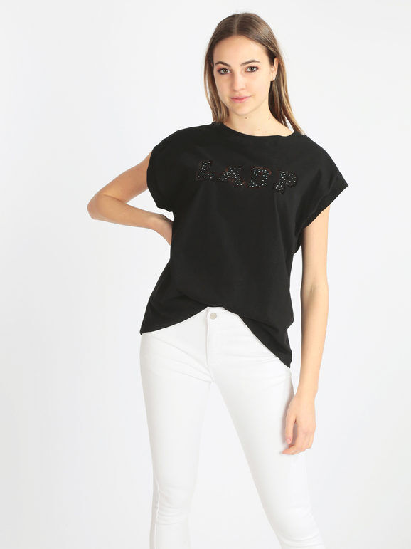 Ladp T-shirt donna con strass T-Shirt Manica Corta donna Nero taglia M