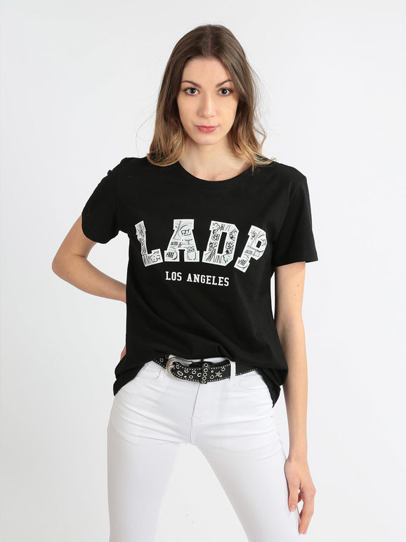 Ladp T-shirt donna in cotone con scritta T-Shirt Manica Corta donna Nero taglia L