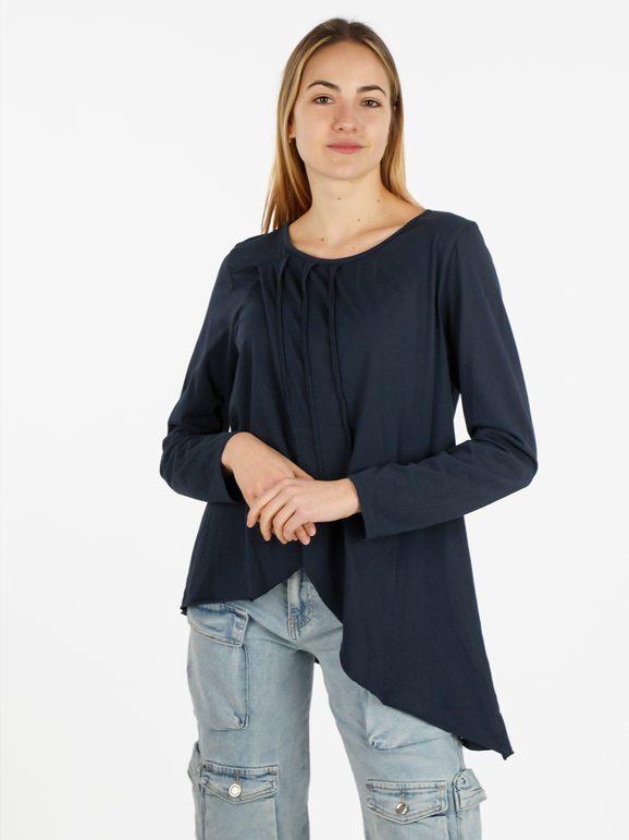 Wendy Trendy T-shirt donna lunga in cotone T-Shirt Manica Lunga donna Blu taglia Unica