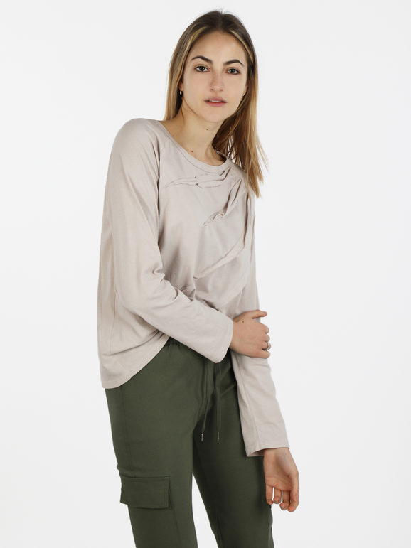 Wendy Trendy T-shirt donna oversize in cotone T-Shirt Manica Lunga donna Beige taglia Unica