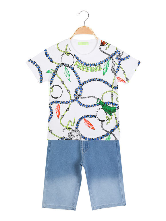 sweet completo 2 pezzi da ragazzo t-shirt + jeans corti completi 3-16 anni bambino bianco taglia 14