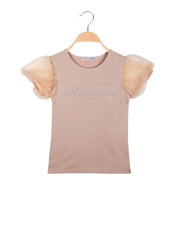 miss image t-shirt da bambina con maniche a palloncino in tulle t-shirt manica corta bambina beige taglia 06