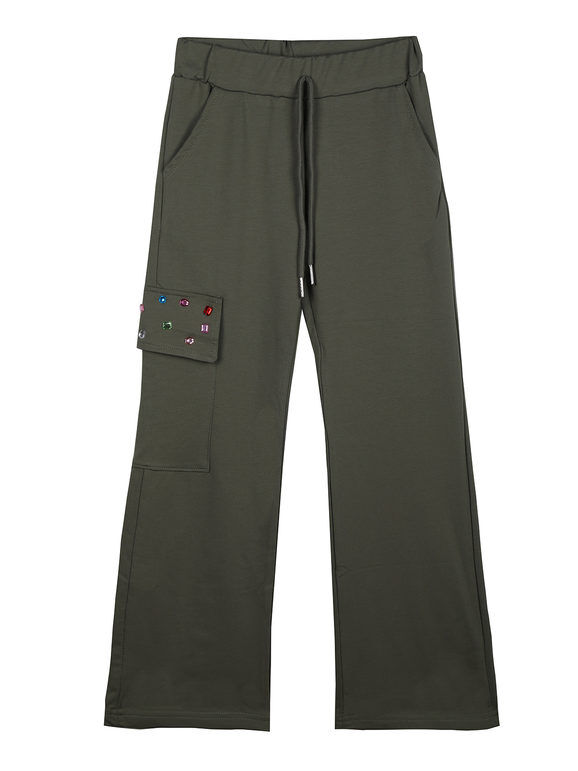 Sweet Pantaloni da bambina a zampa con tasca laterale e pietre Pantaloni Casual bambina Verde taglia 12