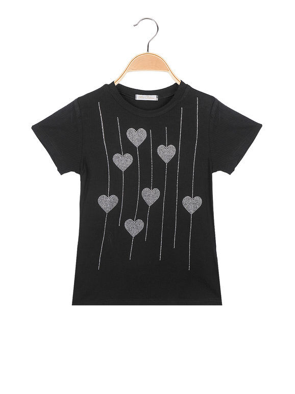 Miss Bellina T-shirt da bambina a costine con strass luccicanti T-Shirt Manica Corta bambina Nero taglia 12