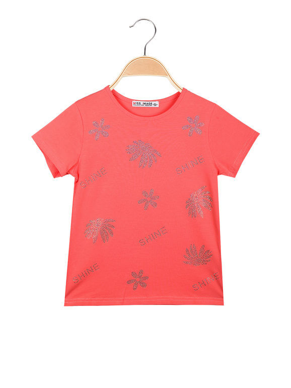 Miss Image T-shirt da bambina con fiori di strass T-Shirt Manica Corta bambina Rosso taglia 10