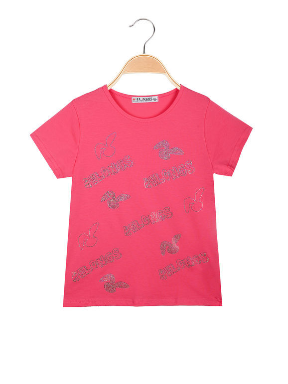 Miss Image T-shirt da bambina con scritte di strass T-Shirt Manica Corta bambina Fucsia taglia 12