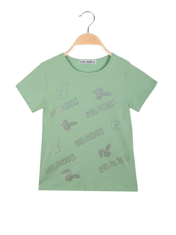 Miss Image T-shirt da bambina con scritte di strass T-Shirt Manica Corta bambina Verde taglia 12
