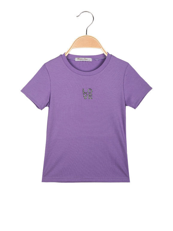 Hope Star T-shirt da ragazza a costine con scritta di strass T-Shirt Manica Corta bambina Viola taglia 16