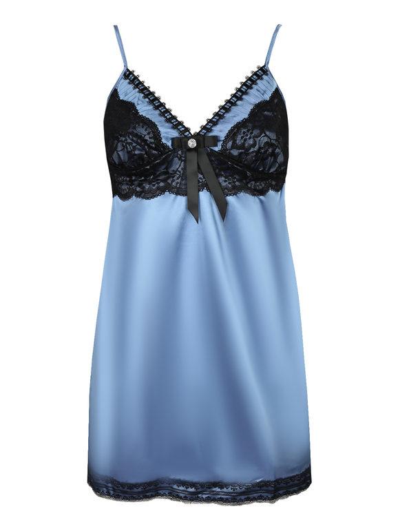 Solada Babydoll in raso con pizzo + perizoma Intimo Sexy donna Blu taglia Unica