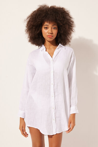 Calzedonia Abito Camicia in Lino Donna Bianco M