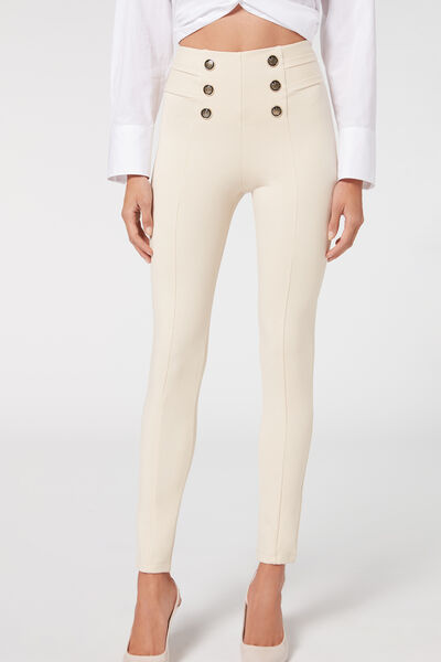 Calzedonia Leggings Skinny Modellanti con Bottoni Donna Bianco XS