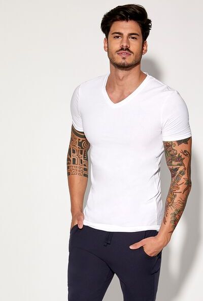 Tezenis T-shirt Scollo a V in Cotone Elasticizzato Uomo Bianco