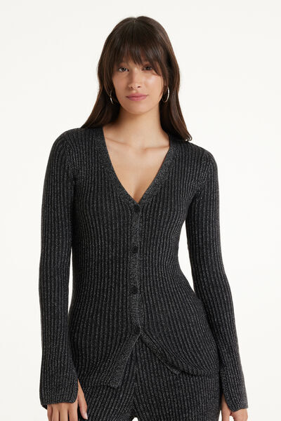 Tezenis Cardigan Manica Lunga con Bottoni Costine Laminato Donna Grigio Scuro Tamaño S