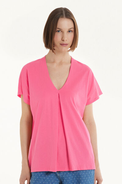 Tezenis T-Shirt Scollo a V con Pince in Cotone Donna Rosa Tamaño L