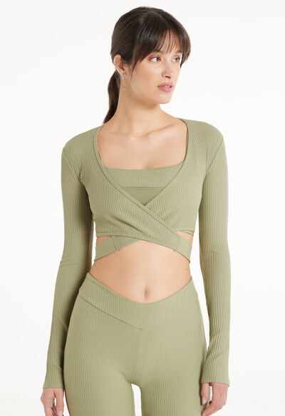 Tezenis Top Corto Manica Lunga Incrociato Costine Donna Verde Tamaño S