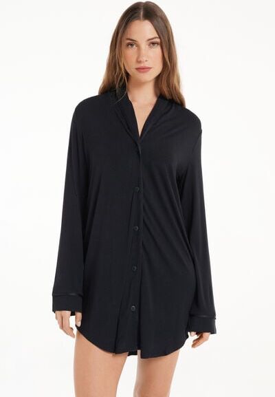 Tezenis Camicia da Notte Manica Lunga con Bottoni Profili Raso Donna Nero Tamaño L