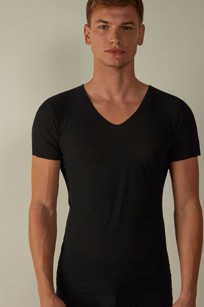 Intimissimi T-shirt in Microrete Taglio Vivo con Scollo a V Uomo Nero Taglia S