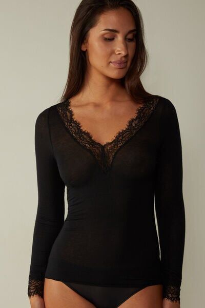 Intimissimi Maglia scollo a V in Modal Cashmere Ultralight e Pizzo Donna Nero Taglia M