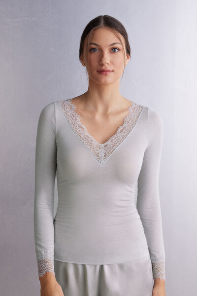 Intimissimi Maglia scollo a V in Modal Cashmere Ultralight e Pizzo Donna Grigio Chiaro Taglia M